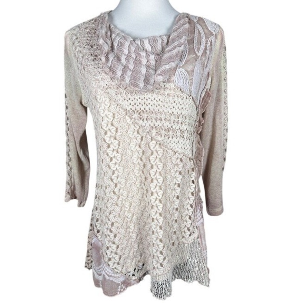 Ali Miles Womens Mixed Media Crochet Lace Cowl Neck Tunic Top Blush Pink Size M